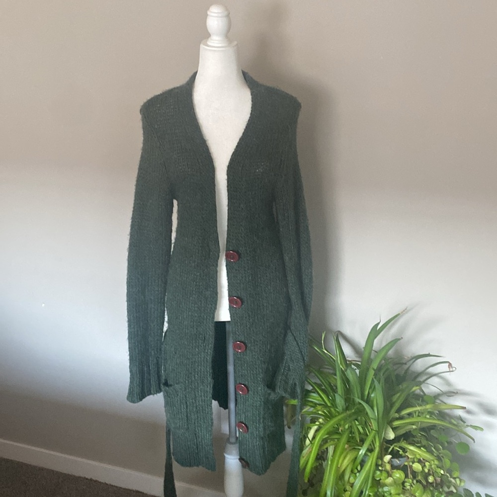 Long Open-Front Dark Green Knit Cardigan with Button Detail